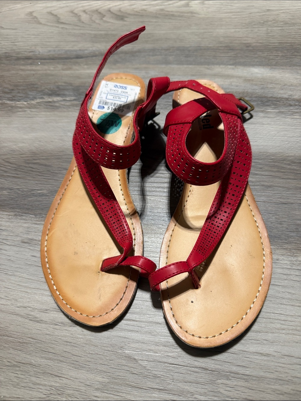 Red Perforated Leather T-Strap Sandals - Women